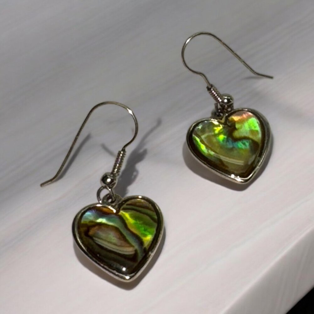 Silver Tone Incased Abalone Shells Pierced Earrings Heart Shape Hook Wire